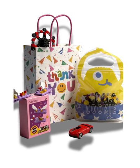 colorful goodie bag featuring a robot toy, a car, and a clay set