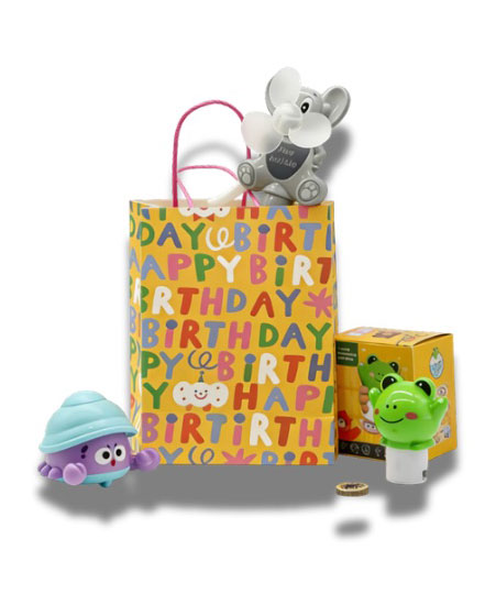 colorful goodie bag featuring a robot toy, a car, and a clay set