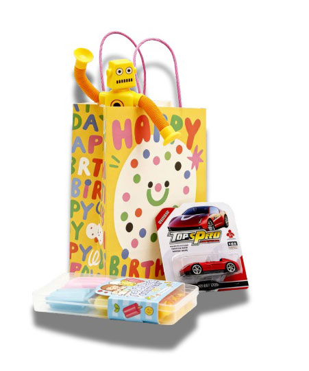 colorful goodie bag featuring a robot toy, a car, and a clay set